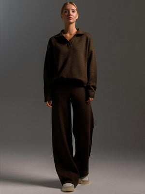 Polo collar knitted pullover + wide - leg trousers two - piece suit - Negative Apparel