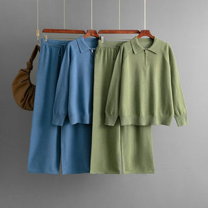 Polo collar semi - zipper casual knitted sweater wide - leg pants two - piece set - Negative Apparel