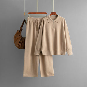 Polo collar semi - zipper casual knitted sweater wide - leg pants two - piece set - Negative Apparel