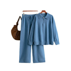Polo collar semi - zipper casual knitted sweater wide - leg pants two - piece set - Negative Apparel