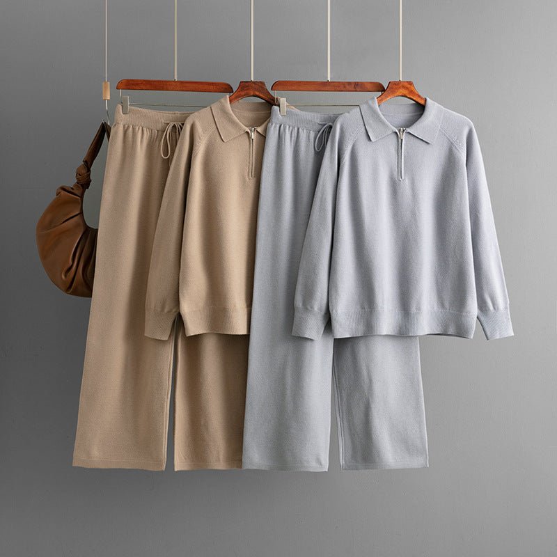 Polo collar semi - zipper casual knitted sweater wide - leg pants two - piece set - Negative Apparel