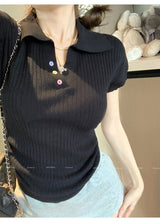 Polo collar short - sleeved T-shirt women's 2025 summer design pleated short foreign - style knitted sweater summer women's top - Negative Apparel