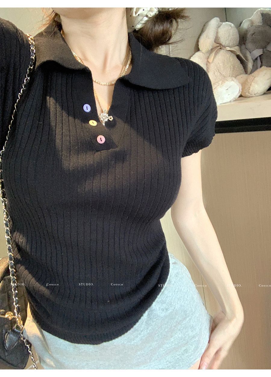 Polo collar short - sleeved T-shirt women's 2025 summer design pleated short foreign - style knitted sweater summer women's top - Negative Apparel