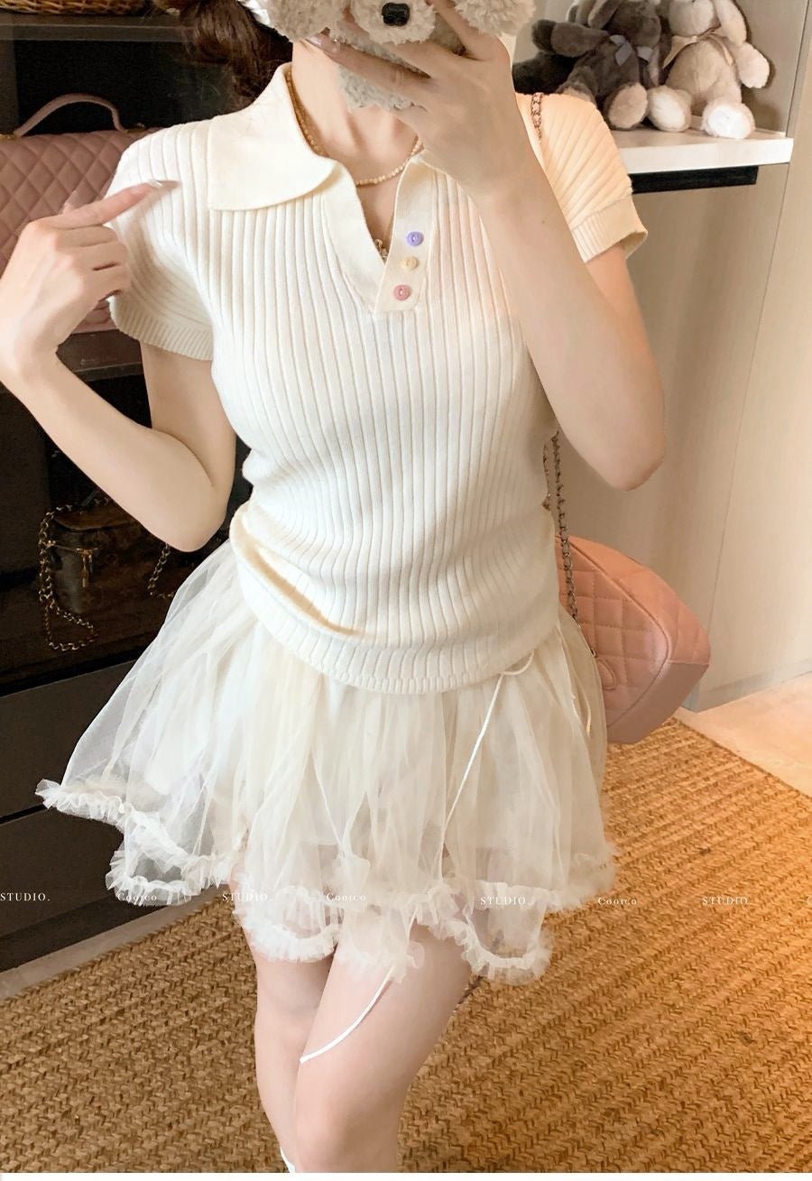Polo collar short - sleeved T-shirt women's 2025 summer design pleated short foreign - style knitted sweater summer women's top - Negative Apparel