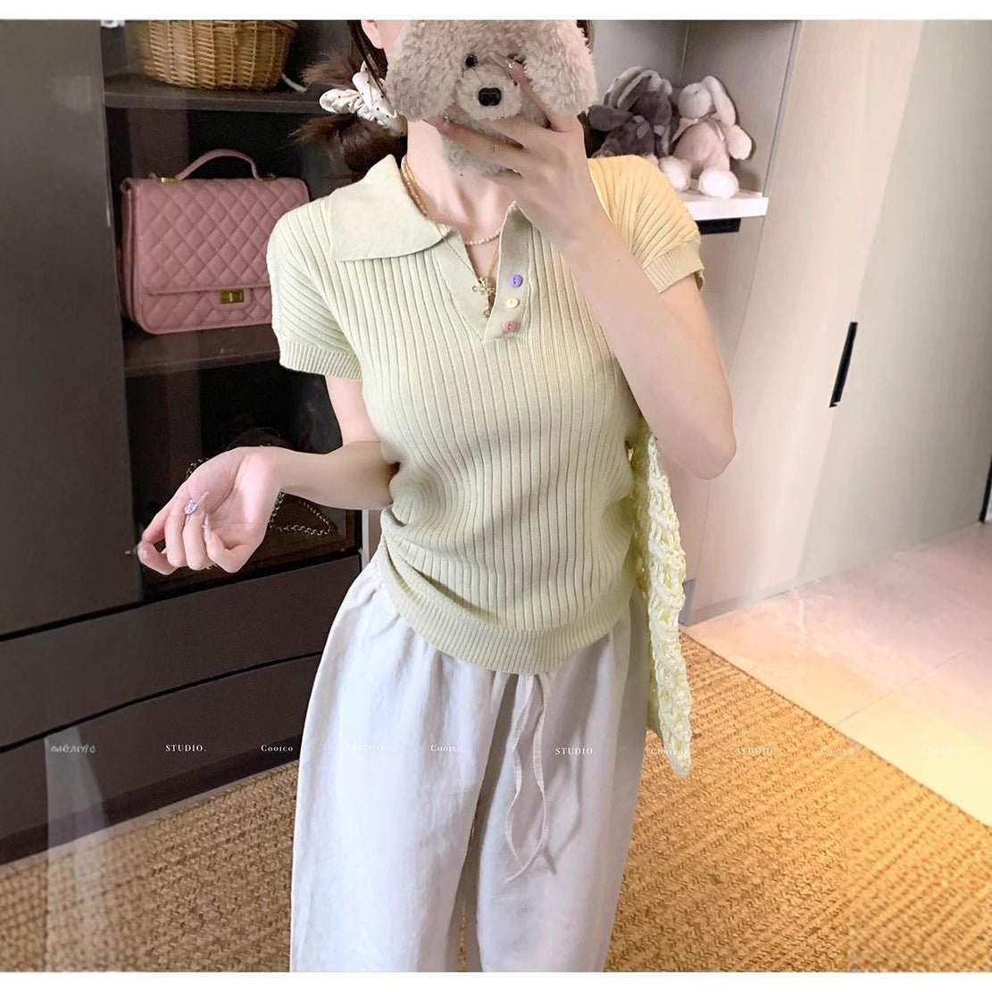 Polo collar short - sleeved T-shirt women's 2025 summer design pleated short foreign - style knitted sweater summer women's top - Negative Apparel