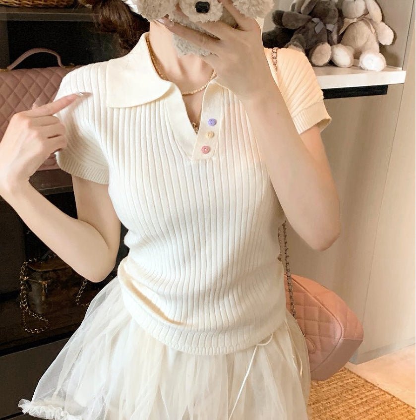 Polo collar short - sleeved T-shirt women's 2025 summer design pleated short foreign - style knitted sweater summer women's top - Negative Apparel