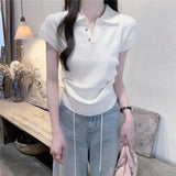 Polo collar short - sleeved T-shirt women's 2025 summer design pleated short foreign - style knitted sweater summer women's top - Negative Apparel