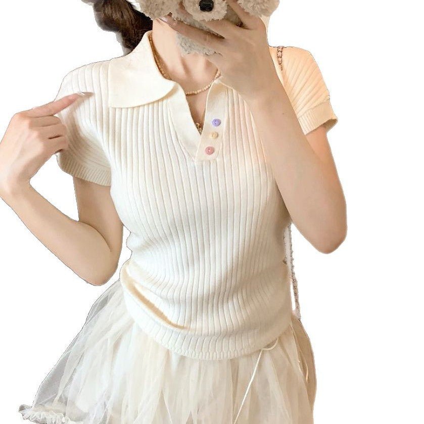Polo collar short - sleeved T-shirt women's 2025 summer design pleated short foreign - style knitted sweater summer women's top - Negative Apparel