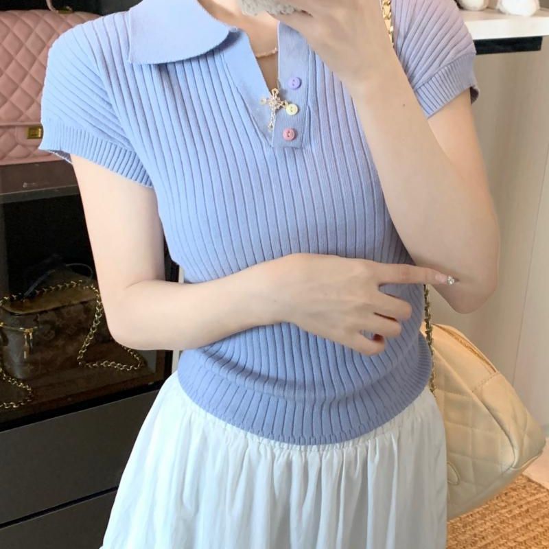 Polo collar short - sleeved T-shirt women's 2025 summer design pleated short foreign - style knitted sweater summer women's top - Negative Apparel