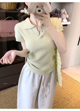 Polo collar short - sleeved T-shirt women's 2025 summer design pleated short foreign - style knitted sweater summer women's top - Negative Apparel