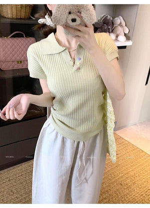 Polo collar short - sleeved T-shirt women's 2025 summer design pleated short foreign - style knitted sweater summer women's top - Negative Apparel