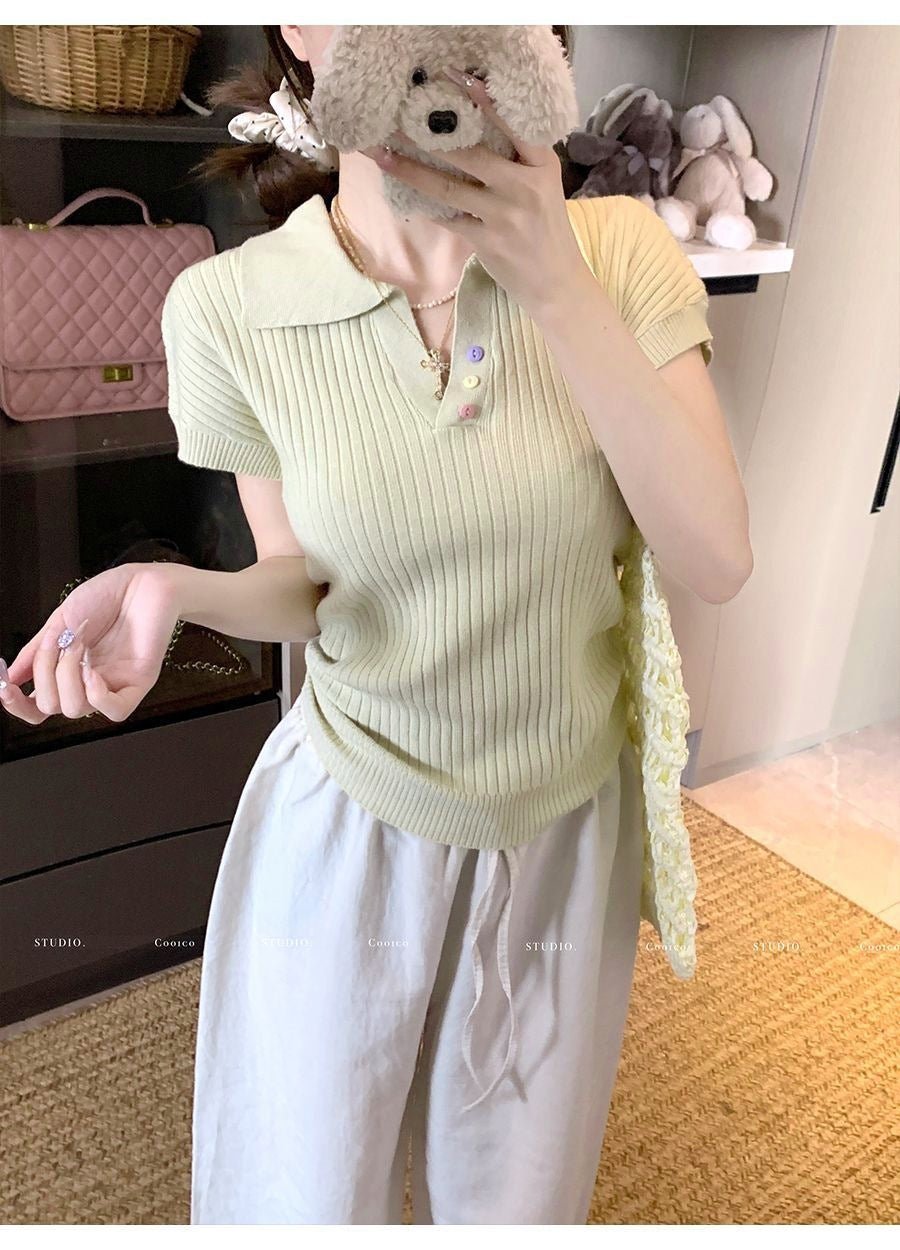 Polo collar short - sleeved T-shirt women's 2025 summer design pleated short foreign - style knitted sweater summer women's top - Negative Apparel