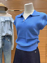 Polo collar short - sleeved T-shirt women's 2025 summer design pleated short foreign - style knitted sweater summer women's top - Negative Apparel