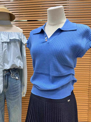 Polo collar short - sleeved T-shirt women's 2025 summer design pleated short foreign - style knitted sweater summer women's top - Negative Apparel