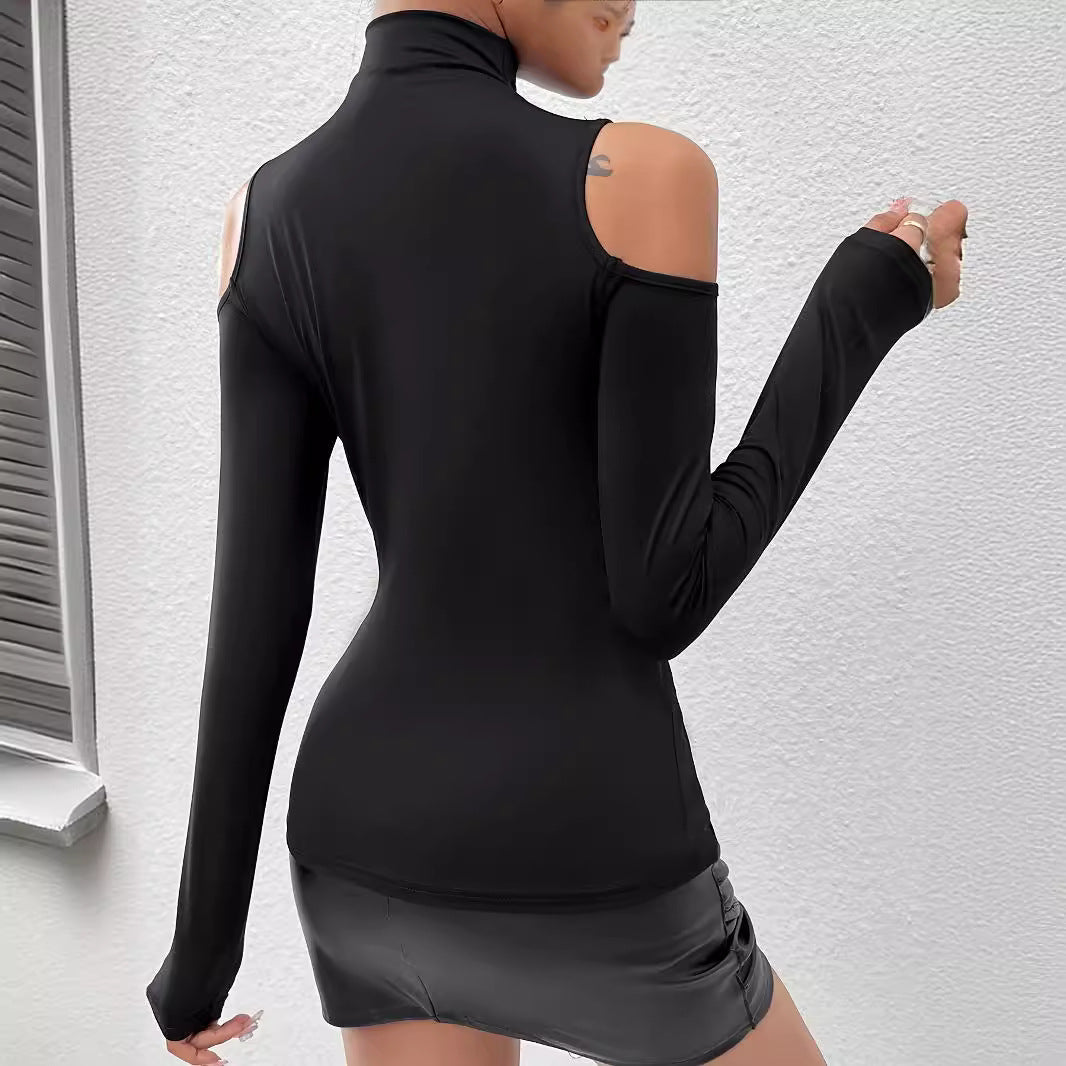 Popular high - collar heavy industry hot diamond off - the - shoulder outer wear T-shirt top women - Negative Apparel