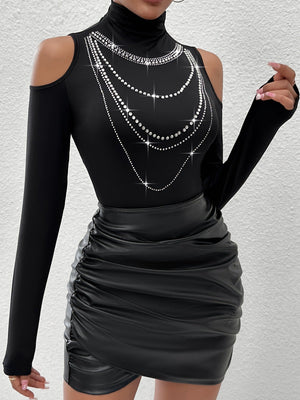 Popular high - collar heavy industry hot diamond off - the - shoulder outer wear T-shirt top women - Negative Apparel