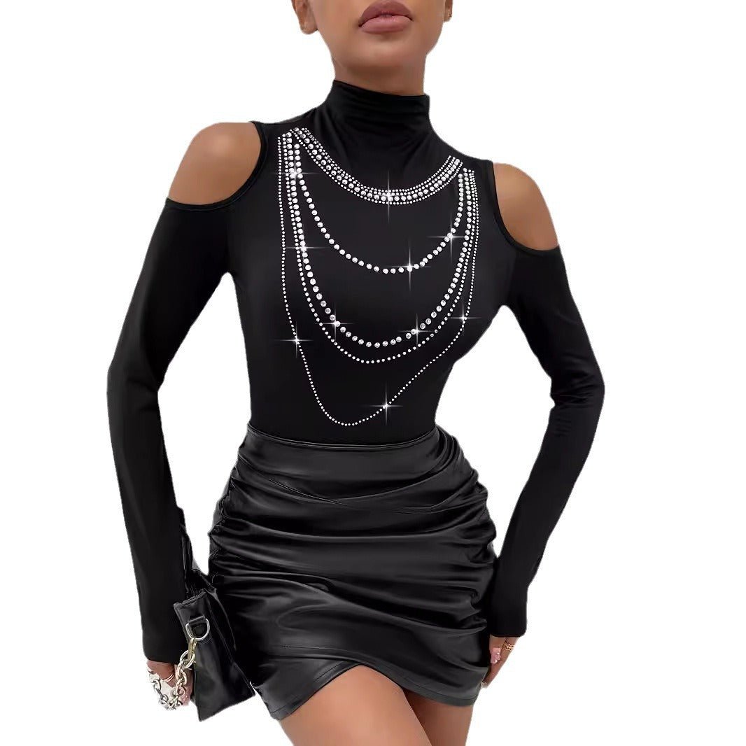 Popular high - collar heavy industry hot diamond off - the - shoulder outer wear T-shirt top women - Negative Apparel