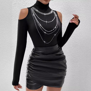 Popular high - collar heavy industry hot diamond off - the - shoulder outer wear T-shirt top women - Negative Apparel