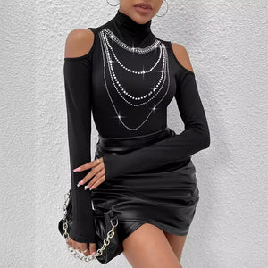 Popular high - collar heavy industry hot diamond off - the - shoulder outer wear T-shirt top women - Negative Apparel
