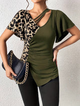 Popular leopard print asymmetric collar butterfly sleeve splicing top women - Negative Apparel
