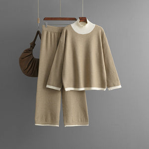 Premium Knitted suit casual contrasting splicing top loose and thin wide - leg pants two - piece set for women - Negative Apparel
