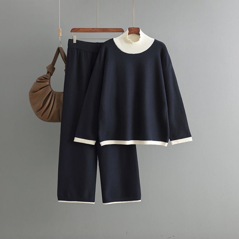 Premium Knitted suit casual contrasting splicing top loose and thin wide - leg pants two - piece set for women - Negative Apparel