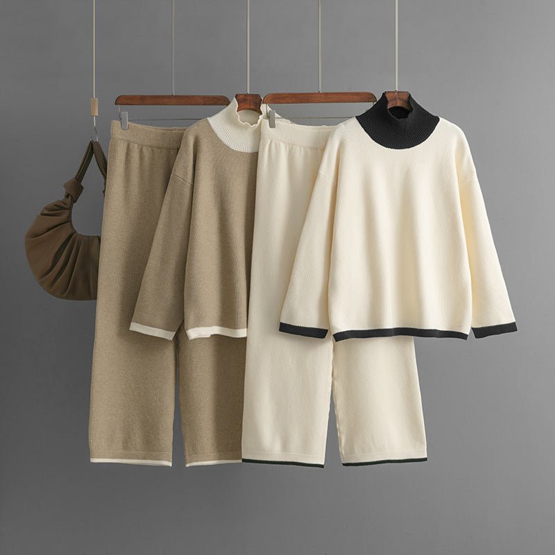 Premium Knitted suit casual contrasting splicing top loose and thin wide - leg pants two - piece set for women - Negative Apparel