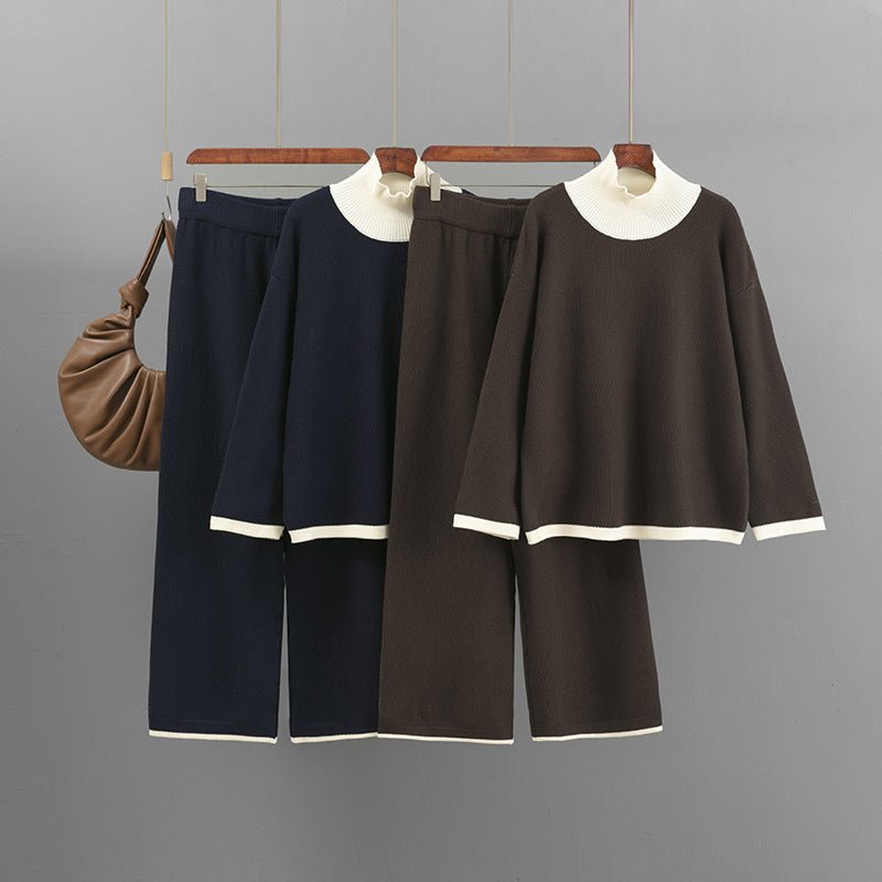 Premium Knitted suit casual contrasting splicing top loose and thin wide - leg pants two - piece set for women - Negative Apparel