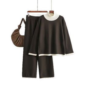 Premium Knitted suit casual contrasting splicing top loose and thin wide - leg pants two - piece set for women - Negative Apparel
