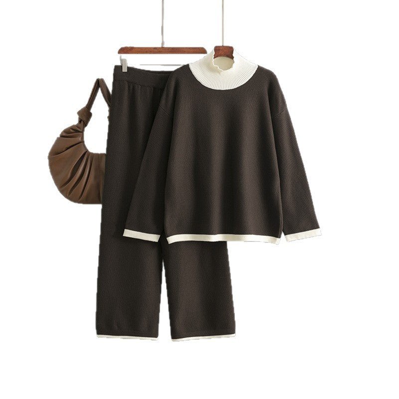 Premium Knitted suit casual contrasting splicing top loose and thin wide - leg pants two - piece set for women - Negative Apparel