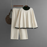 Premium Knitted suit casual contrasting splicing top loose and thin wide - leg pants two - piece set for women - Negative Apparel