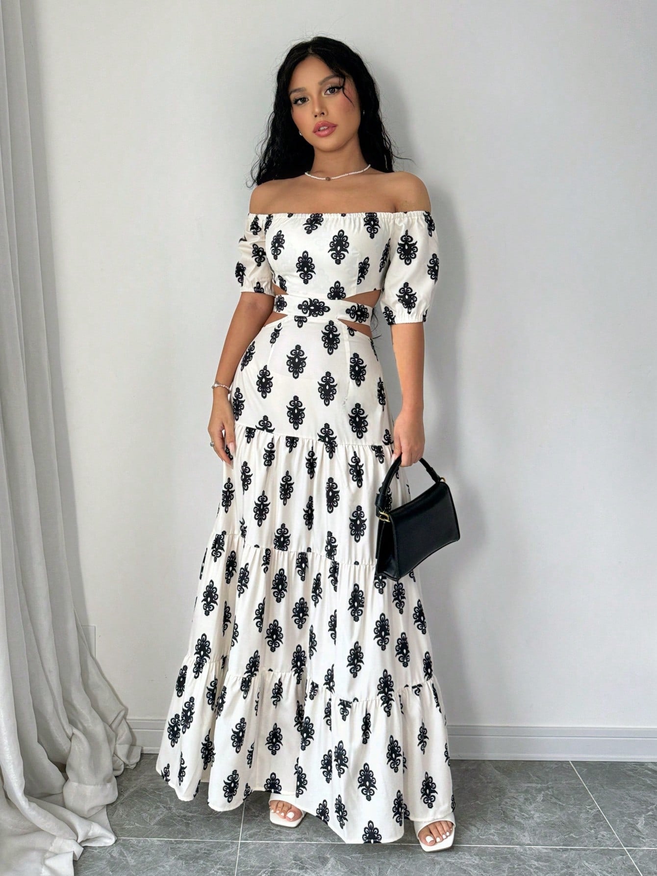 Printed Strapless Bow Belt A - Line Dress Maxi Women Outfit - Negative Apparel