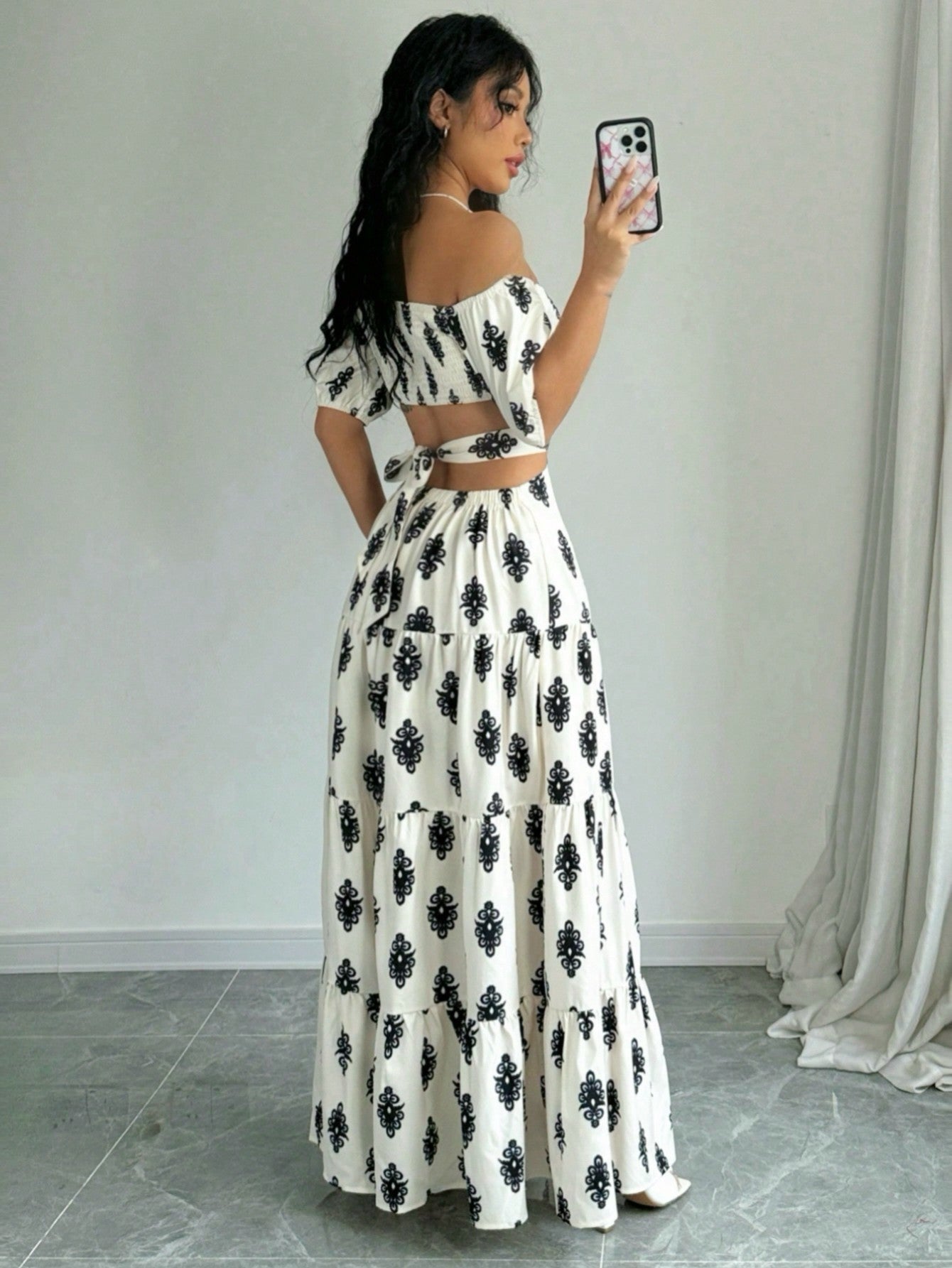 Printed Strapless Bow Belt A - Line Dress Maxi Women Outfit - Negative Apparel