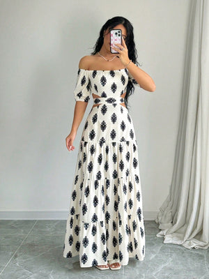 Printed Strapless Bow Belt A - Line Dress Maxi Women Outfit - Negative Apparel