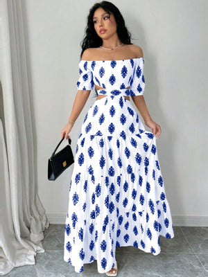 Printed Strapless Bow Belt A - Line Dress Maxi Women Outfit - Negative Apparel