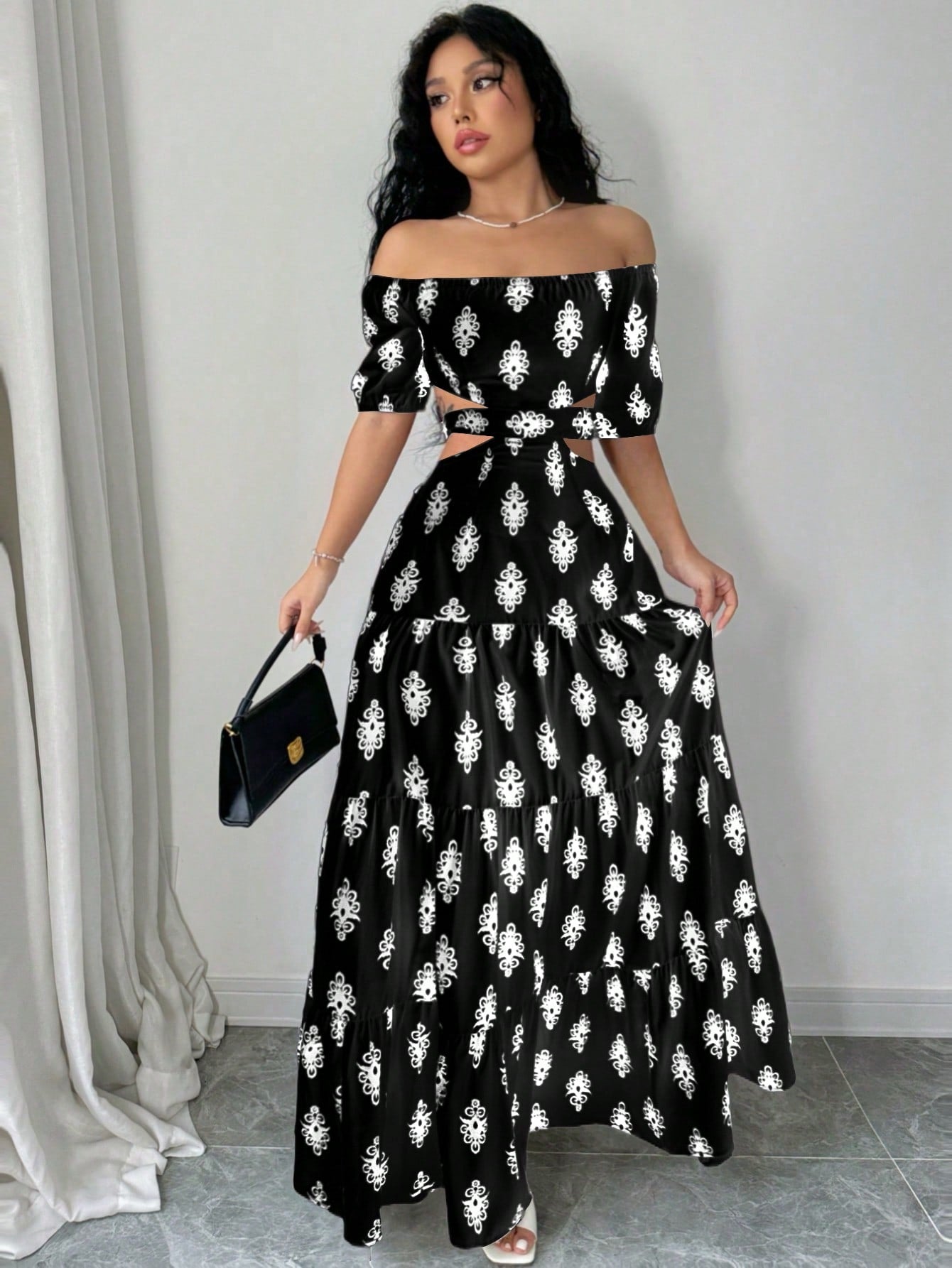 Printed Strapless Bow Belt A - Line Dress Maxi Women Outfit - Negative Apparel