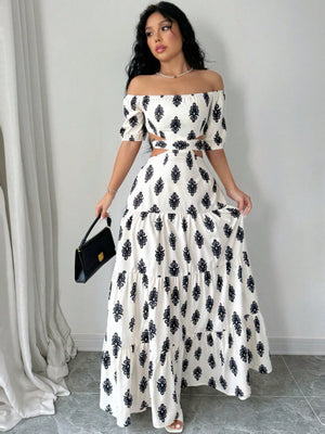 Printed Strapless Bow Belt A - Line Dress Maxi Women Outfit - Negative Apparel