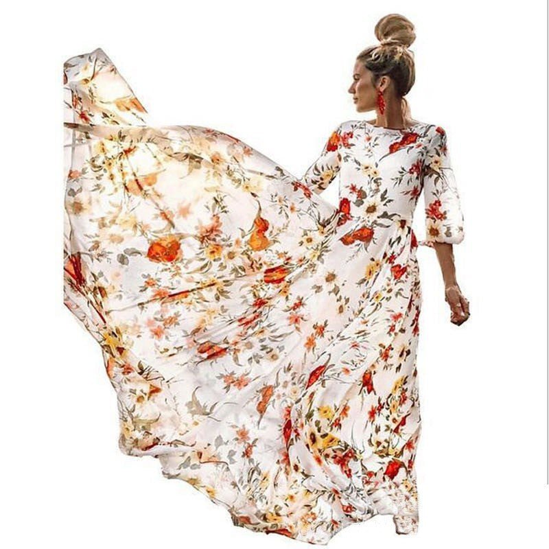 Printed Swing Floral Slim Long Dress - Negative Apparel