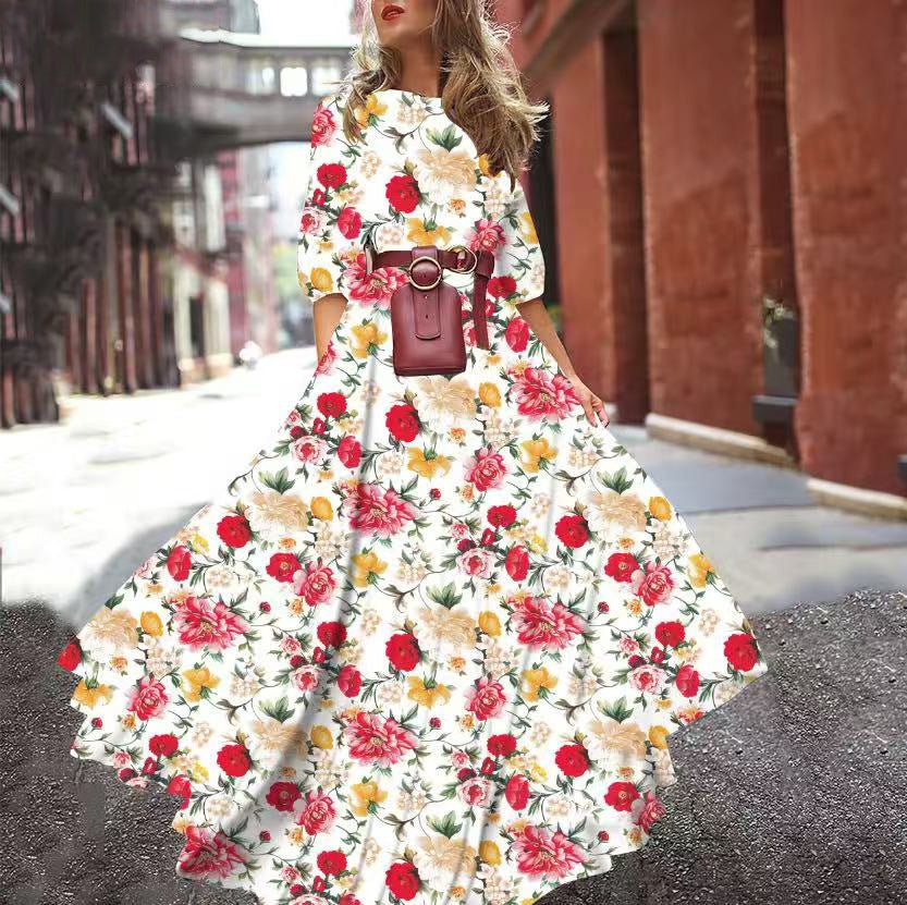 Printed Swing Floral Slim Long Dress - Negative Apparel