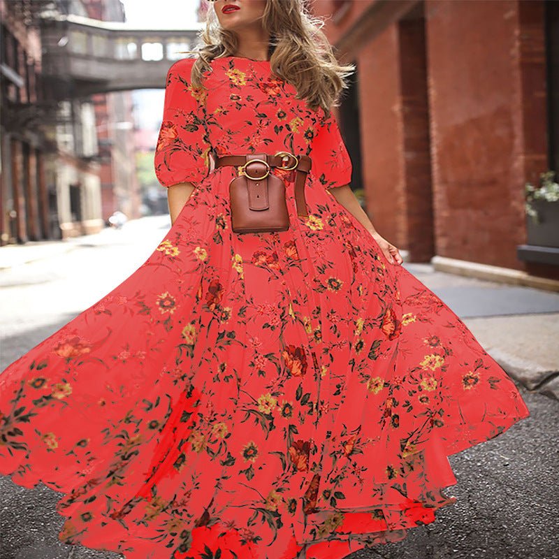 Printed Swing Floral Slim Long Dress - Negative Apparel