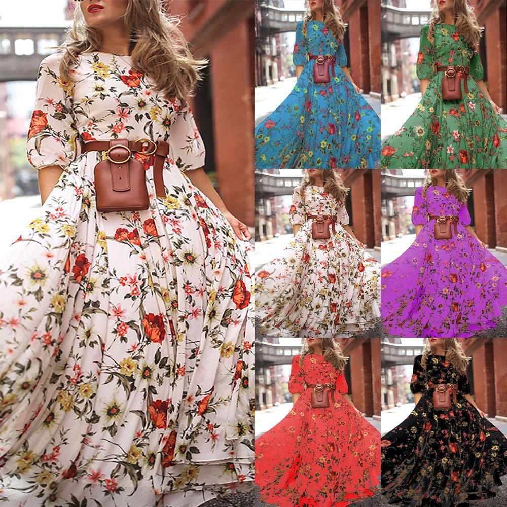 Printed Swing Floral Slim Long Dress - Negative Apparel