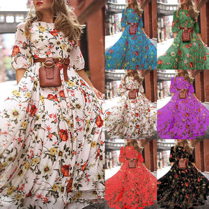 Printed Swing Floral Slim Long Dress - Negative Apparel