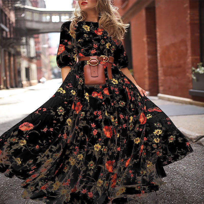 Printed Swing Floral Slim Long Dress - Negative Apparel