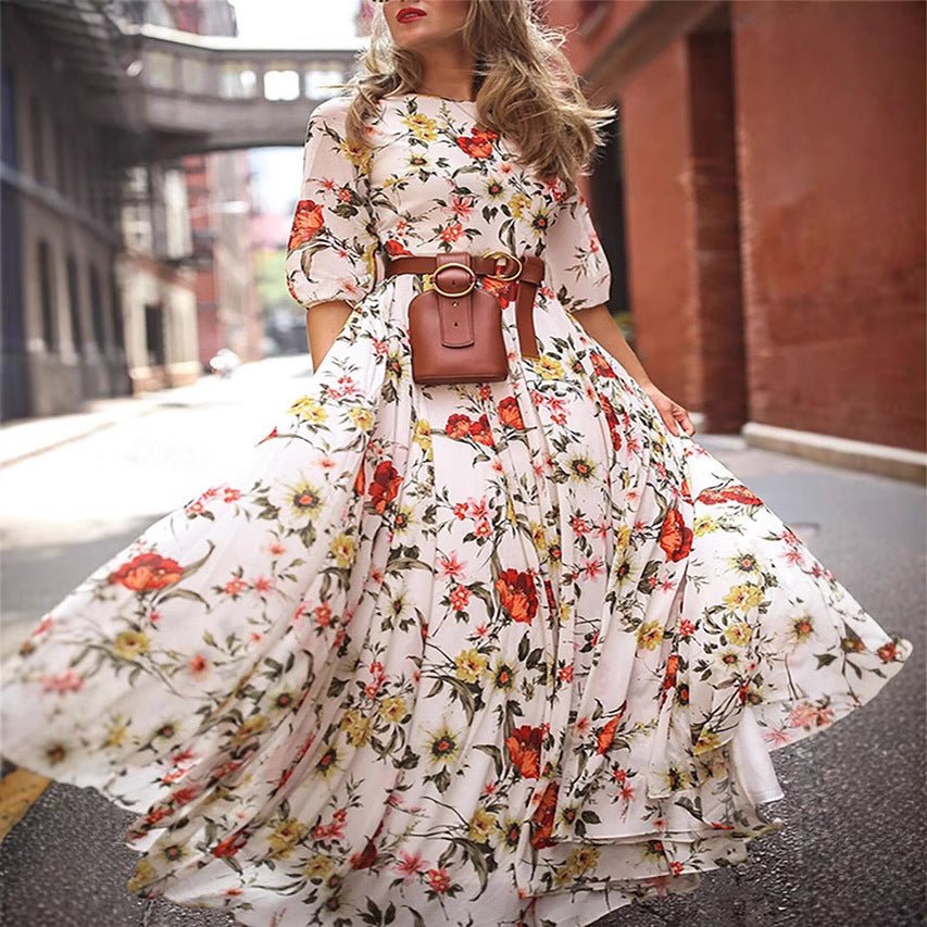 Printed Swing Floral Slim Long Dress - Negative Apparel
