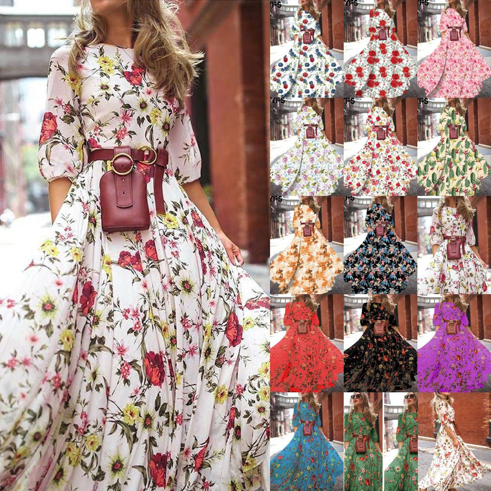 Printed Swing Floral Slim Long Dress - Negative Apparel