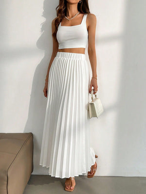 Privé 2pcs Women's White Camisole Top And A - Line Pleated Long Skirt Set - Negative Apparel