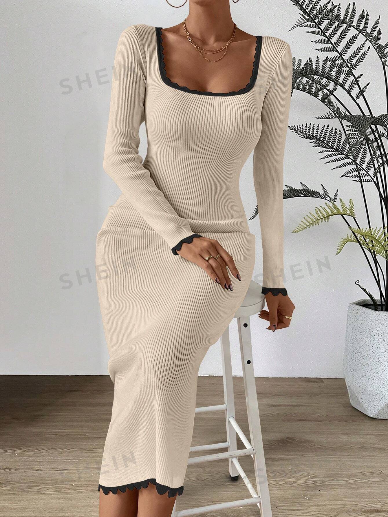 Privé Contrast Binding Square Neck Bodycon Sweater Dress - Negative Apparel