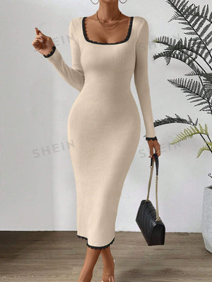 Privé Contrast Binding Square Neck Bodycon Sweater Dress - Negative Apparel