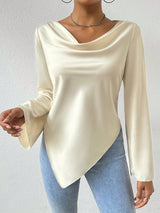 Privé Drape Collar Asymmetric Hem Blouse With Flare Sleeves - Negative Apparel