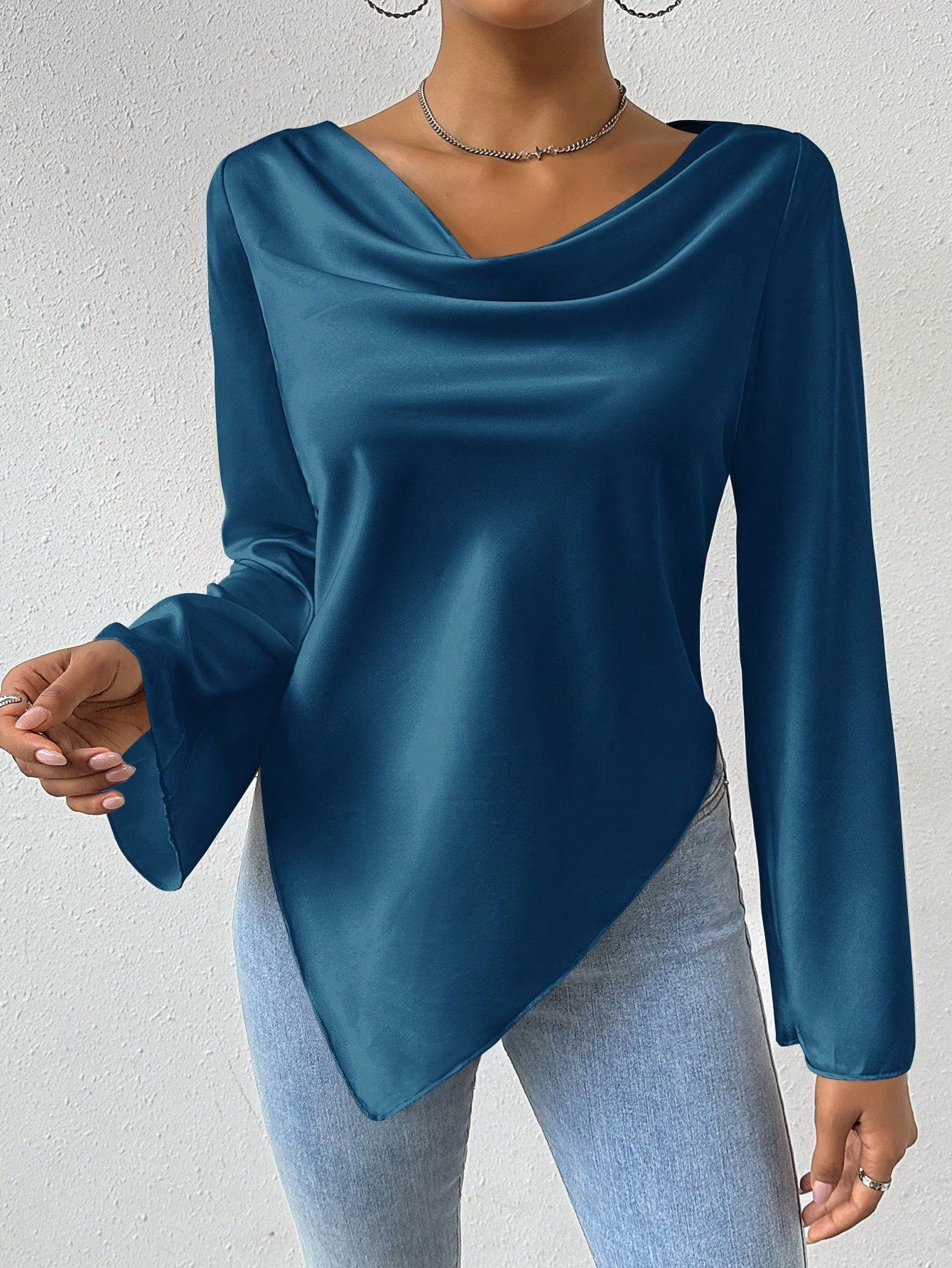 Privé Drape Collar Asymmetric Hem Blouse With Flare Sleeves - Negative Apparel